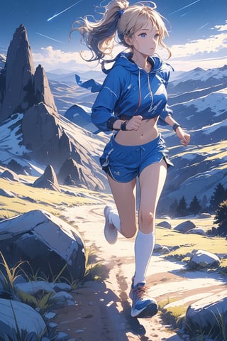 (masterpiece:1.2), best quality, ultra-detailed, 8K, A girl, ((running)), night,toned perfect body proportions, blonde hair, blonde ponytail hair, wearing a blue sports top, navel, blue floaty shorts, white knee-high socks,  running shoes ,black|white, trail running uphill on a foggy matte black mountain road, The road is made of dirt and stones, with the camera view from behind looking forward, deep in focus, mountain, rock, shooting star, Wasteland style background, real_hands, better_hands, hands,scenery