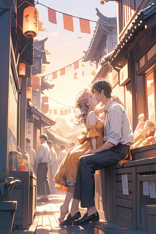 Masterpiece, best quality, ultra-detailed, As the afterglow of the sunset bathes the bustling market, a couple sits at its edge, Surrounded by lanterns and colorful streamers, the man gently pulls the woman into his embrace, planting a tender kiss on her lip,
(a couple), harajuku style, watercolor painting, highres, absurdres,