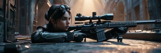 breathtaking ethereal RAW photo of a female sniper lying in wait with a heavy sniper rifle, disguise, full_body, from head to foot, side view, she is Hidden whereabouts and focused eyes, intense gaze, in the style Nanopunk, goth girl, sci-fi background, masterpiece, professional, award-winning, intricate details, ultra high detailed, 64k, dramatic light, volumetric light, Epic, 