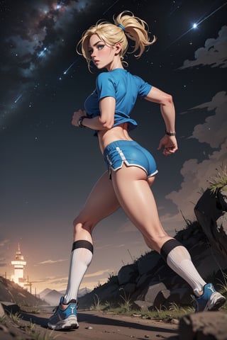 (masterpiece:1.2), best quality, ultra-detailed, 8K, A girl, ((running)), toned perfect body proportions, blonde hair, blonde ponytail hair, wearing a blue sports top, navel, blue floaty shorts, white knee-high socks, and black|white running shoes, trail running uphill on a foggy matte black mountain road, The road is made of dirt and stones, with the camera view from behind looking forward, deep in focus, alien spacecraft ,crashing, shooting star,  Wasteland style background,
