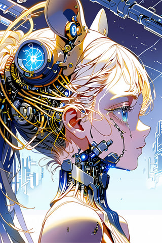 masterpiece, best quality, ultra-detailed, 8K, portrait  , face close-up ,1 robot girl  , solo, side view ,blue eyes, metal mouse, the head of the robot’s girl has a llife-like face, The hair looks like a neural network formed by strands of transparent metal tubes ,the back of the robot’s girl head is transparent crystal state and inside filled with a complex cyberpunk and electric nanite veins, futuristic vision, wasteland style background,