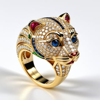 (((Text "Cartier": 1.7))) in the ring, (((Text "Cartier": 1.7))) , (((Text "Cartier": 1.7))) , Realism, //Cartier small diamond (beardless, no whiskers) cheetah modeling ring, big eyes, ring platform yellow gold, (pear_cut Sapphire eyes,  three-dimensional, ruby, sapphire, Emerald, shiny, sharp focused eyes), ((light red box)),  masterpiece, (extremely detailed, fine touch:1.3), professional, award-winning, intricate details, 16k, Epic, concept, meticulous details, silky seat, soft lignt,more detail XL,Text, sideways,artint