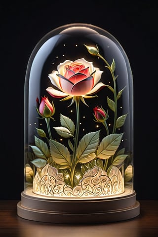 photorealistic showcasing ((1little rosebud))\（glass dome\）： Deep layers of cut paper, surrounded by intricate design, masterpiece, professional, award-winning, art station, intricate details, ultra high detailed, 16k, dramatic light, volumetric light, cybernetic illuminations, Epic,style,concept, ,