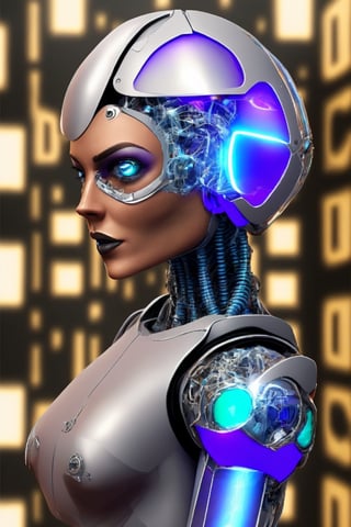 masterpiece, best quality, ultra-detailed, 8K, portrait  , face close-up ,1 robot woman , solo, side view ,blue eyes, mechanic metallic ear, metal material lips, the head of the robot’s woman has a llife-like face, no hair, the hair ‘position become a neural network formed by strands of transparent metal tubes ,the back of the robot’s woman head is transparent crystal state and inside filled with a very complex cyberpunk and electric nanite veins, futuristic vision, wasteland style background,