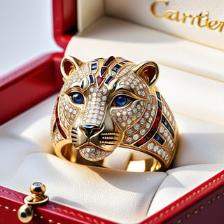(((Text "Cartier": 1.7))) in the ring, (((Text "Cartier": 1.7))) , (((Text "Cartier": 1.7))) , Realism, //Cartier small diamond (beardless, no whiskers) cheetah modeling ring, big eyes, ring platform yellow gold, (pear_cut Sapphire eyes, pear cut, three-dimensional, shiny, shiny, sharp focused eyes), (light red box), ruby, sapphire, Emerald, masterpiece, (extremely detailed, fine touch:1.3), professional, award-winning, intricate details, 16k, Epic, concept, meticulous details, silky seat, soft lignt,more detail XL,Text, sideways,artint