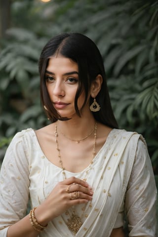 beautiful chubby cute young attractive girl indian face like kiara advani, teenage girl,village girl,18 year old,cute, instagram model,long black hair on her face, covering face with hand, wearing jhumka and black bindi, shy and introvert girl giving side look, putting black dot on her forehead