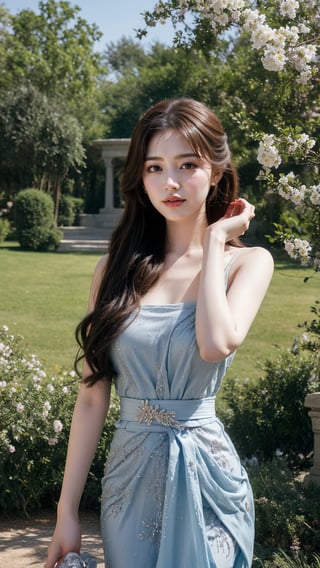 In the heart of an enchanted garden, a woman with cascading curls of midnight black tends to the flowers with gentle care. Her skin is as pale as the petals she lovingly tends, and she wears a simple dress of azure blue, tied with a sash of silver that glimmers in the sunlight.