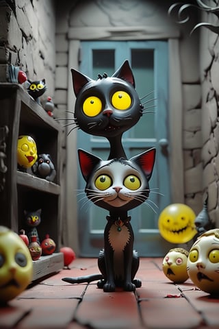 A stunning pupped doll artwork. Imagine  ((creepy black and white cat)), with Yellow eyes (on a Wall with pièces of glass:1.5), She smiles to a  ((creepy big black as a boy cat)) a Red moon shines up in the sky. Everything is depicted as if it were a masterpiece of animated puppets. The image is in high resolution and features dark and gloomy tones, typical of the horror style of Tim Burton’s animations