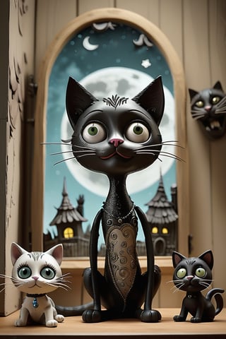 A stunning pupped doll artwork. Imagine  ((creepy black and white cat)), (on a Wall with pièces of glass:1.5), She smiles to a  (big black male cat:1.4) the Moon Is up in the sky. Everything is depicted as if it were a masterpiece of animated puppets. The image is in high resolution and features dark and gloomy tones, typical of the horror style of Tim Burton’s animations