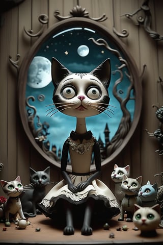 A stunning pupped doll artwork. Imagine  ((creepy black and white cat)), (on a Wall with pièces of glass:1.5), She cryes to a  (big Moon with face:1.4) up in the sky. Everything is depicted as if it were a masterpiece of animated puppets. The image is in high resolution and features dark and gloomy tones, typical of the horror style of Tim Burton’s animations