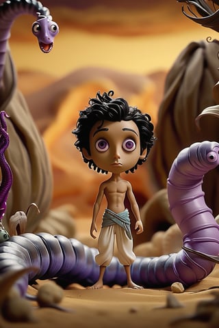 A stunning pupped doll artwork. Imagine  ((creepy Aladdin)), (shirtless:1.5), and white harem pants, he has (big potato nose and lips:1.4) short curly black hair. Aladdin fights against a (purple and White giant worm:1.8) in a ((desert Oasis scenario)) Everything is depicted as if it were a masterpiece of animated puppets. The image is in high resolution and features dark and gloomy tones, typical of the horror style of Tim Burton’s animations