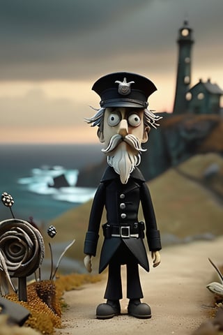 A stunning pupped doll artwork. Imagine  ((creepy policeman)), he has (black uniform and hat:1.4) short White hair, scruff White beard moves away with its back to the observer on a road with mountains on the left and the sea on the right (((a circular ruined tower on a promontory overlooking the sea))) Everything is depicted as if it were a masterpiece of animated puppets. The image is in high resolution and features dark and gloomy tones, typical of the horror style of Tim Burton’s animations.