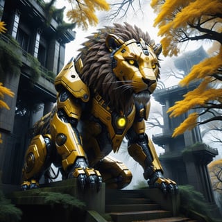 masterpiece,realestic, best quality,mecha lion, yellow eyes,pieceful face, delicate eyes, majestic face, tree, stairs, standing, lion in mecha suit, temple, looking at viewer, upper body, from below, looking forward, ((Mecha)), Cyberpunk, CyberMechalion,N.A.WhitetailDeer,cyborg style
