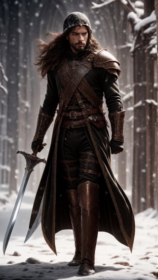 Realistic  worrior , full body field , detailed realistic focused high quality face, high perfect sharp eyes, holding sharp swords, furious suitation in place, face, backround snow , adventures, holding sharp swords symmentric fingers, hands, , holding huge spear and shield, realistic HD face, 