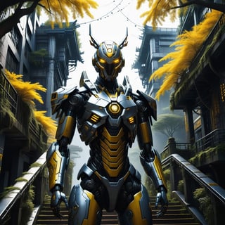 masterpiece,realestic, best quality,mecha leoperd, yellow eyes,pieceful face, delicate eyes, majestic face, tree, stairs, standing, leoperd in mecha suit, temple, looking at viewer, upper body, from below, looking forward, ((Mecha)), Cyberpunk, CyberMechaleoperd,N.A.WhitetailDeer,cyborg style