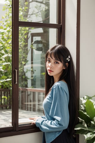 High Quality, Lossless, Clean, Raw, High Quality, Lossless, Clean, Raw, HD, girl, alone, clear lights, bangs in her hair, blue eyes, beautiful girl, perfect body, Color Booster,Realism, 1girl, solo, long hair, looking at viewer, skirt, black hair, hair ornament, long sleeves, standing, flower, indoors, wide sleeves, book, window, chinese clothes, table, plant, book stack