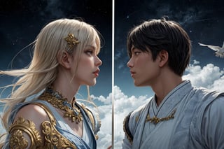 Majestic dual portrait of Japanese male idols, attired in ornate black and white ancient garb, amidst a serene Tai Chi-inspired backdrop harmonizing blue and white hues with celestial elements: stars, clouds, and birds. Golden paint splashes add an air of mythology as the subjects are depicted from multiple angles, exuding an aura of elegance and otherworldliness.,AIDA_LoRA_AnC