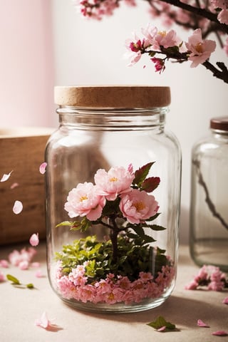 High resolution, full detailed, better image quality,16k, ultrara definition,ultra-realistic,

Create a mini sakura tree falling petals inside a jar