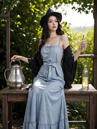 This is a digital art piece, potentially created by an artist specializing in fantasy illustrations. The composition centers around a witch-like figure with long grey hair, wearing an elaborate blue hat and robe. She is holding a white cat in one arm and stirring a black cauldron with the other hand. The background features a lush, sunlit forest, adding a mystical atmosphere. The foreground is detailed with various potion bottles and alchemical tools on a wooden table. The overall effect blends fantasy and nature, capturing a sense of enchanting magic. The lighting highlights the character and objects, with a soft focus on the background.