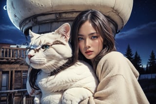 Old adventurer riding a gigantic a fluffy white cat at night under a crescent moon, fantasy, digital art,photo of perfecteyes eyes,more detail XL,photorealistic,Detailedface,perfecteyes eyes