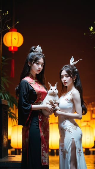 Two beautiful girls, holding a rabbit, white_skin, black-hair, very long hair, Good figure, 
Wear the light color traditional dress of the Han Chinese people, 
Background is Lantern Festival, many lantern,red light.