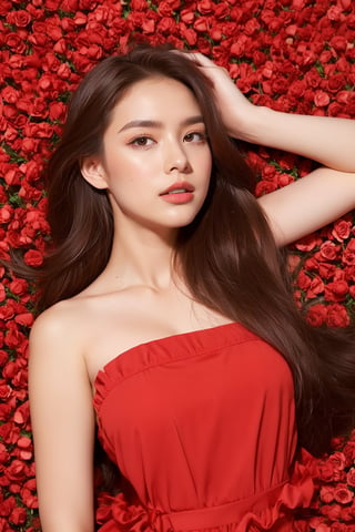  beautiful red roses and an explosion of red rose petals, creating a stunning scene that captures the essence of the celebration. a beautiful cute young attractive aussie teenage girl, village girl, 18 years old, cute, Instagram model, long brunette hair, big eyes,