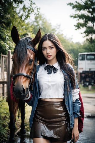 cinematic film still a woman in a short skirt and a shirt next to a horse in the rain with a horse behind her, Artur Tarnowski, fashion photography, a photorealistic painting, romanticism . shallow depth of field, vignette, highly detailed, high budget, bokeh, cinemascope, moody, epic, gorgeous, film grain, grainy,