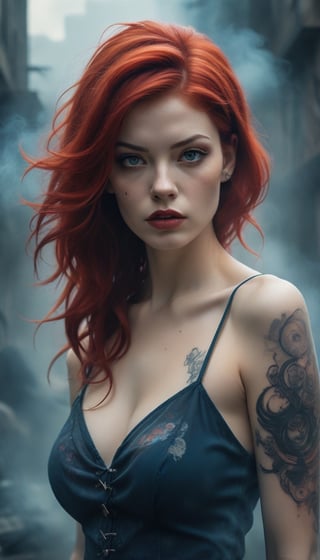 Enki Bilal's iconic style meets double exposure mastery: a Beautiful Rockabilly Girl with cherry red hair and dark roots sits amidst swirling smoke, as if emerging from the haze. The high-quality, 16K Ultra HD rendering captures every detail, from the girl's fiery locks to the intricate tattoo sketch on her arm. Dark roots blend seamlessly into the smoky background, creating a mesmerizing double exposure effect that blurs reality and fantasy.