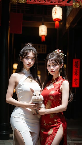 Two beautiful girls, holding a rabbit, white_skin, black-hair, very long hair, Good figure, 
Wear the light color traditional dress of the Han Chinese people, 
Background is Lantern Festival, many lantern,red light.,fantasy