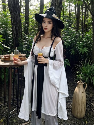 This is a digital art piece, potentially created by an artist specializing in fantasy illustrations. The composition centers around a witch-like figure with long grey hair, wearing an elaborate blue hat and robe. She is holding a white cat in one arm and stirring a black cauldron with the other hand. The background features a lush, sunlit forest, adding a mystical atmosphere. The foreground is detailed with various potion bottles and alchemical tools on a wooden table. The overall effect blends fantasy and nature, capturing a sense of enchanting magic. The lighting highlights the character and objects, with a soft focus on the background.