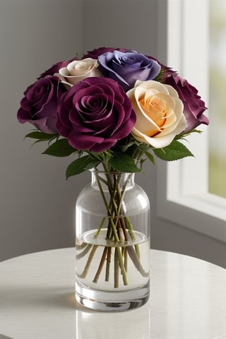 Vibrant Glass Carnation Bouquet: A mesmerizing arrangement of intricately crafted glass roses in various colors, suspended against a soft focus background. The warm sunlight casts a gentle glow, highlighting the delicate facets and refracting off each rose's unique hue. Framed by a shallow depth of field, the bouquet's center appears to float amidst a sea of creamy white, while the surrounding petals shimmer like a kaleidoscope of glass.