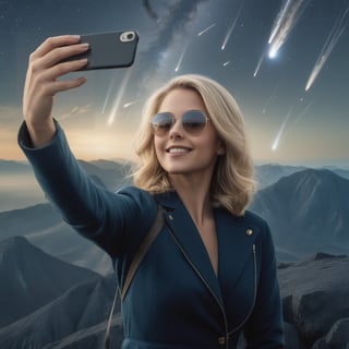 A blond woman doing a selfie, while meteorites fall from the sky and the world ends, detailed, perfect hands at her smartphone, with detailed natural formed fingers. She smiles with perfect white natural teeth.