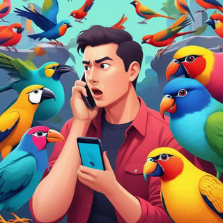 A person's face, focused downward, gazes intensely at their smartphone screen, fingers grasping the device as if for dear life. one colorful bird, sitting on his shoulders, shouting, trying distracting him from the digital world.