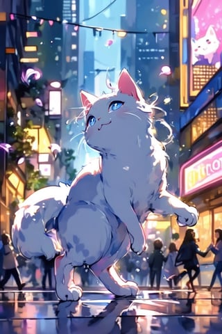 A fluffy white kitten, its fur as white as freshly fallen snow, pirouettes and twirls with unrestrained joy amidst the vibrant streets of a bustling metropolis. The kitten's playful antics bring a touch of whimsy to the otherwise serious cityscape, its graceful movements weaving through the towering skyscrapers and neon lights. In the background, the hustle and bustle of urban life continues unabated, with cars honking, pedestrians hurrying, and the sounds of distant music filling the air.

**Additional details:**

* The kitten is balancing on its hind legs, its front paws outstretched as it spins and leaps with exuberance.
* The kitten's eyes sparkle with mischief and delight, and its tail flicks back and forth in rhythm with its movements.
* The kitten is surrounded by people of all ages and walks of life, who pause to watch its playful dance with smiles on their faces.
* A few stray pigeons flutter around the kitten, intrigued by its unusual behavior.
