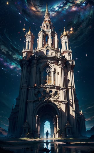 A majestic ancient palace rising from a vast desert under a starry galactic night sky, its golden domes and towering spires partially buried in dunes of sand, intricate stone carvings and archways still visible, an aura of mystery and faded glory emanating from the forgotten relic, a lone traveler approaching in awe to explore the secrets within, realistic render, dramatic lighting and shadows