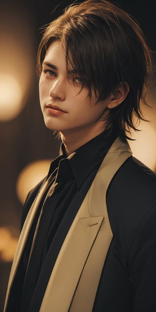 A young man with golden short hair, a teardrop mole under his left eye, wearing a black evening suit, looking at the viewer with a gentle expression, against a blurred background with warm lighting.