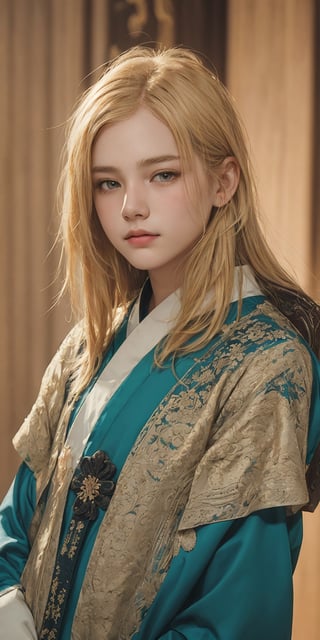 A young boy with golden blonde hair, a teardrop mole under his left eye, wearing a traditional Chinese hanfu robe, looking at the viewer with a gentle expression, intricate patterns and embroidery details on the hanfu, against a blurred background with warm lighting.