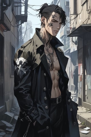 1man, cowboy shot, slender and muscular, vitiligo, black hair, handsome, male ponytail, ear piercings, sad eyes, tattoos on arms, looking off camera, melancholic mood, trenchcoat,
masterpiece, best quality, aesthetic,emo,scenery,nicolas_brown