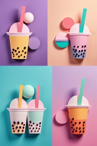 A Collage of 3d paper art of bubble tea, pop art inspiration, dessert elements, pastel tones, in the style of arr & emotions, gradient colors
