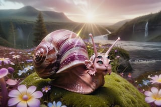 a snail walking over a landscape with waterfalls and purple flowers growing and blooming, a snail with the head of an elf, rainbow snail shell with multiple colors and shapes, plant,   flowers in abundance, purple vegetation, waterfall, moths, detail, antennae snail, snail body, perfect, cinematographic, forest of purple flowers, blue sun, blue sky complete, hyper detailed, impeccable quality, ((landscape)), perfect,four eyed woman,glitter, bosque místico con luciérnagas en la oscuridad, rayos del atardecer, perfecto, mágico
