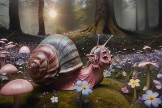 a snail walking over a landscape with waterfalls and blue flowers growing and blooming, a snail with the head of an elf, rainbow snail shell with multiple colors and shapes, plant, blue flowers in abundance, blue vegetation, waterfall, moths, detail, antennae snail, snail body, perfect, cinematographic, forest of blue flowers, blue sun, blue sky complete, hyper detailed, impeccable quality, ((landscape)), perfect,four eyed woman,glitter, bosque místico con luciérnagas en la oscuridad, rayos del atardecer, perfecto, mágico ,shiny