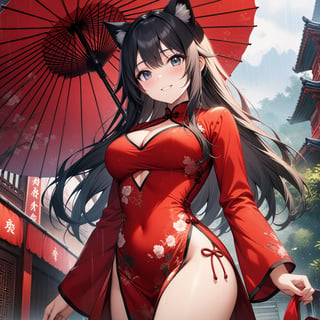 master piece, best quality, highly detailed, ultra detailed, extremely CG unity 8k wallpaper,1 woman, 22 years old, smile, cat ears, red Chinese dresses, pelvic curtain, long sleeves,black hair, long hair, cleavage cutout, rainy day,oriental_umbrella