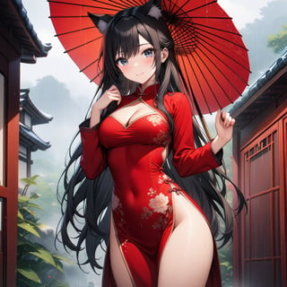 master piece, best quality, highly detailed, ultra detailed, extremely CG unity 8k wallpaper,1 woman, 22 years old, smile, cat ears, red Chinese dresses, pelvic curtain, long sleeves,black hair, long hair, cleavage cutout, rainy day,oriental_umbrella