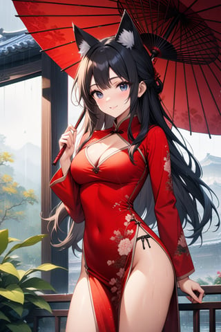 master piece, best quality, highly detailed, ultra detailed, extremely CG unity 8k wallpaper,1 woman, 22 years old, smile, cat ears, red Chinese dresses, pelvic curtain, long sleeves,black hair, long hair, cleavage cutout, rainy day,oriental_umbrella