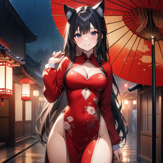 master piece, best quality, highly detailed, ultra detailed, extremely CG unity 8k wallpaper,1 woman, 22 years old, smile, cat ears, red Chinese dresses, pelvic curtain, long sleeves,black hair, long hair, cleavage cutout, rainy night,oriental_umbrella, 