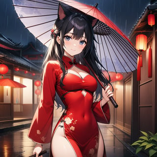 master piece, best quality, highly detailed, ultra detailed, extremely CG unity 8k wallpaper,1 woman, 22 years old, smile, cat ears, red Chinese dresses, pelvic curtain, long sleeves,black hair, long hair, cleavage cutout, rainy night,oriental_umbrella, holding umbrella,