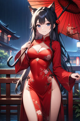 master piece, best quality, highly detailed, ultra detailed, extremely CG unity 8k wallpaper,1 woman, 22 years old, smile, cat ears, red Chinese dresses, pelvic curtain, long sleeves,black hair, long hair, cleavage cutout, rainy night,oriental_umbrella, holding umbrella,