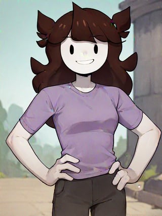  jaiden, 1girl, purple shirt, long hair, solo, brown hair, flat color, short sleeves, white skin, grey pants, black eyes,looking at viewer, hand on own hip,smile,  outside, score_9, score_8_up, score_7_up, score_6_up , 