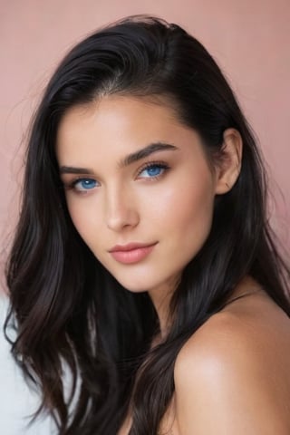 A close-up portrait of a 22-year-old woman with flawless, glowing skin and minimal makeup. She has soft pink blush on her cheeks, nude lip color, and perfectly arched eyebrows. Her long, black hair cascades in loose, natural waves. She has mesmerizing blue eyes, a small, delicate nose, and a warm, inviting smile. The background is softly blurred, highlighting her natural beauty and radiance.,More Reasonable Details