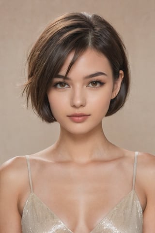 A portrait of a 22-year-old woman with a short bob haircut, subtle eye makeup, and nude matte lipstick. Her skin is smooth and even-toned. She has dark hair cut into a chic bob. She has brown eyes, a slender nose, and a serene expression. The background is soft and neutral, emphasizing her elegant and chic style.